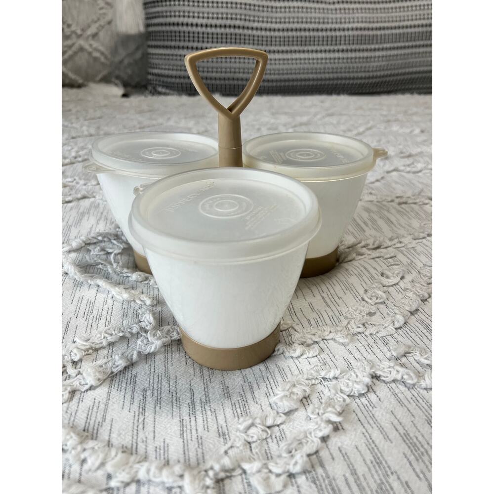 Vintage Tupperware Condiment Caddy Triple Canister Serve N Store 757-3 Almond